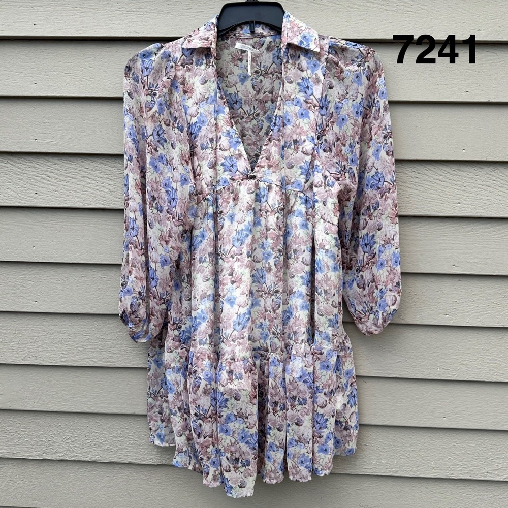 Stitchdrop Sunday Floral Mini Dress Womens Small Long Sleeve V Neck Ruffle Hem